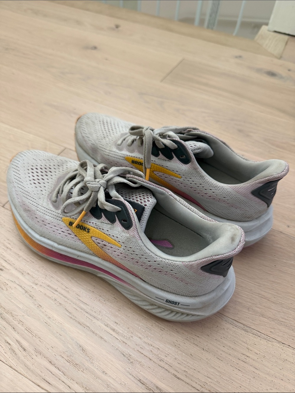 Brooks Women’s Running Shoes in Light Gray with Yellow and Pink Accents